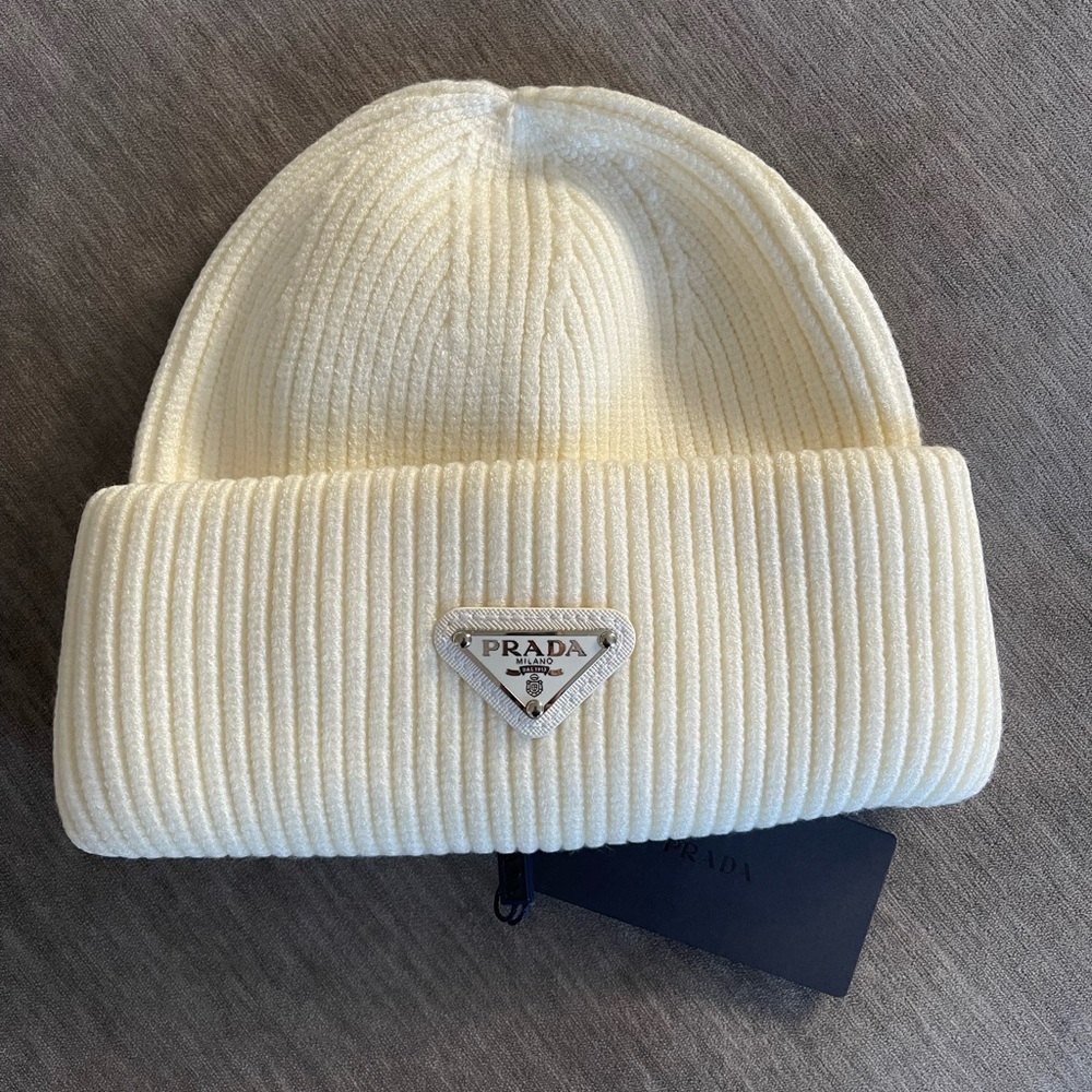 Cream Prada Beanie